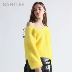 BAHTLEE-Women's Angora Rabbit Jumper Sweater, V-Neck, Lantern Sleeve, Wool, Knitted Pullovers, Keep Warm, Thick, Loose, Winter