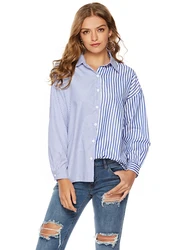 Blusa feminina manga comprida gola virada para baixo, camisa feminina listrada solta casual plus size 2019