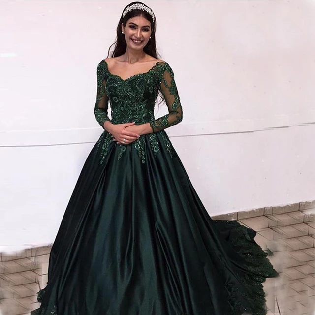 Dark Green Prom Dresses Long Sleeves V neck Appliques Beaded Satin Evening Dresses New Vestidos De Formal Party Gowns AliExpress 320