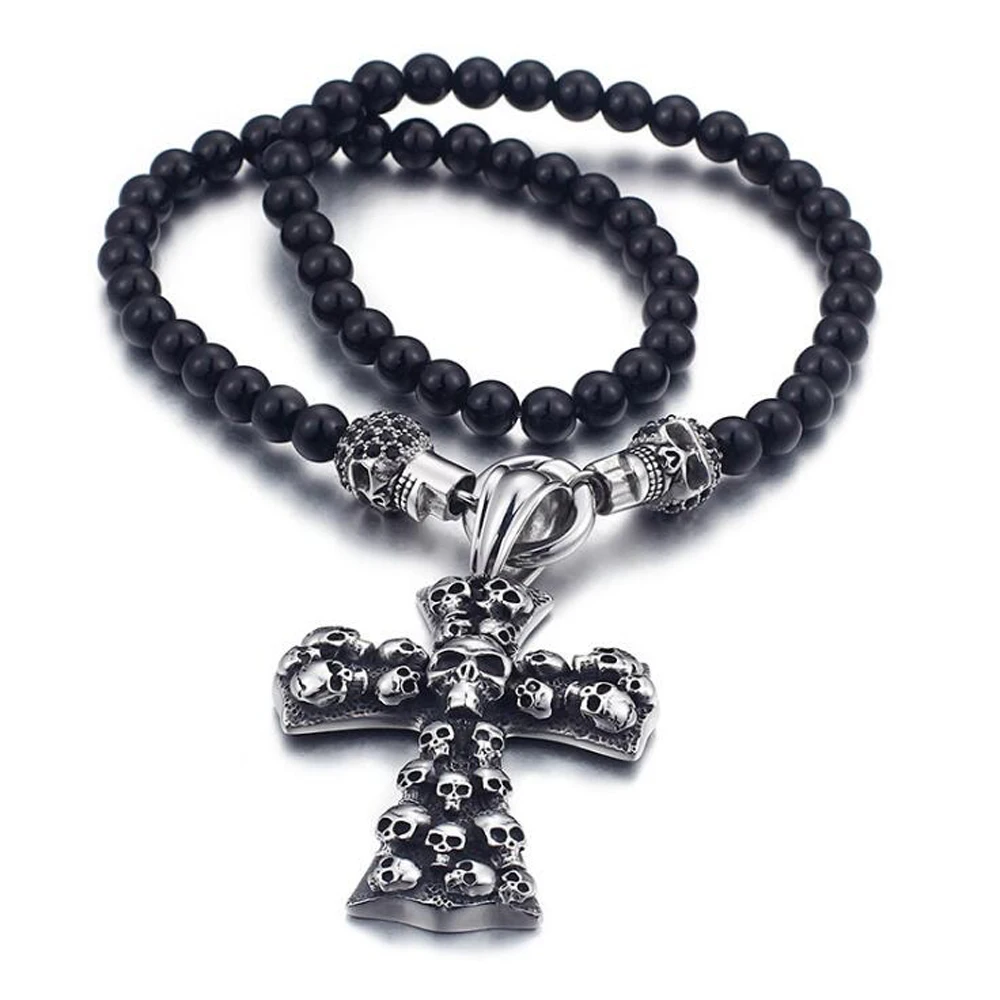 Punk Retro Skeleton Skull Necklaces & Pendant Hiphop Rock Stainless Steel Black Bead Cross Necklace Jewelry For Men Women