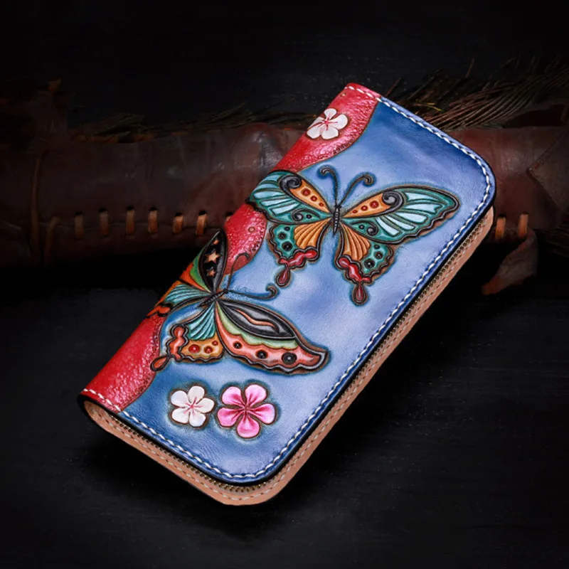 

Genuine Leather Wallets Carving Butterfly Flower Zipper Bag Purses Women Clutch Vegetable Tanned Leather Wallet Mother Present