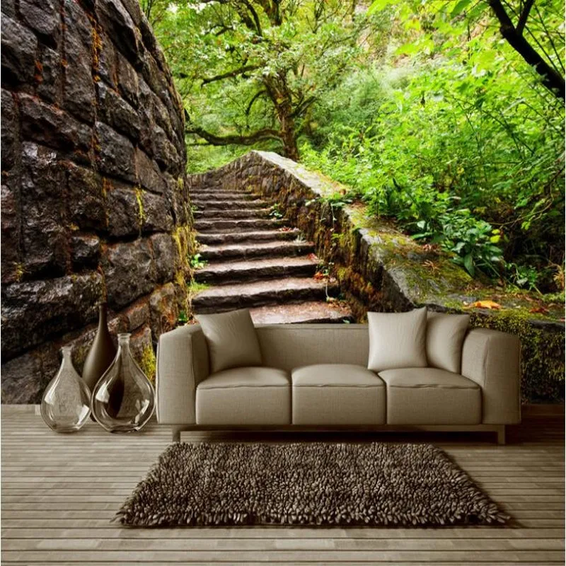 

beibehang Custom large - scale murals outdoor garden woods stairs three - dimensional space background wall non - woven fabrics