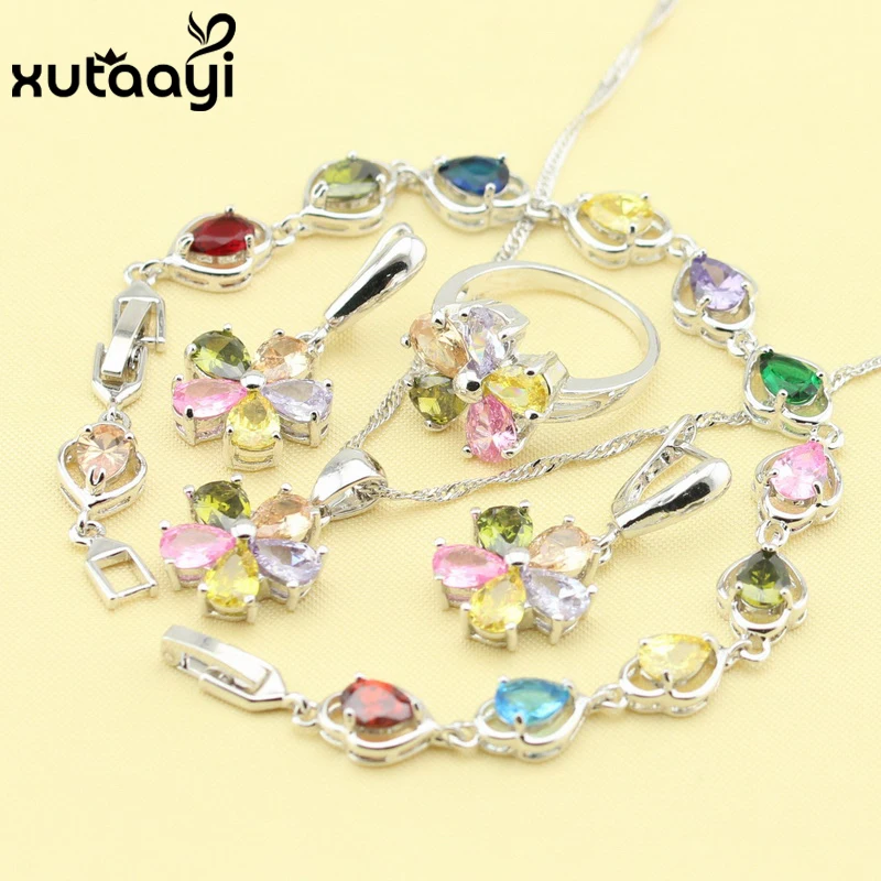 Multicolor Stones  Hot Selling Fashion Silver Color Jewelry Sets For Women Magnificent Wedding Necklace Rings Earrings Bracelet