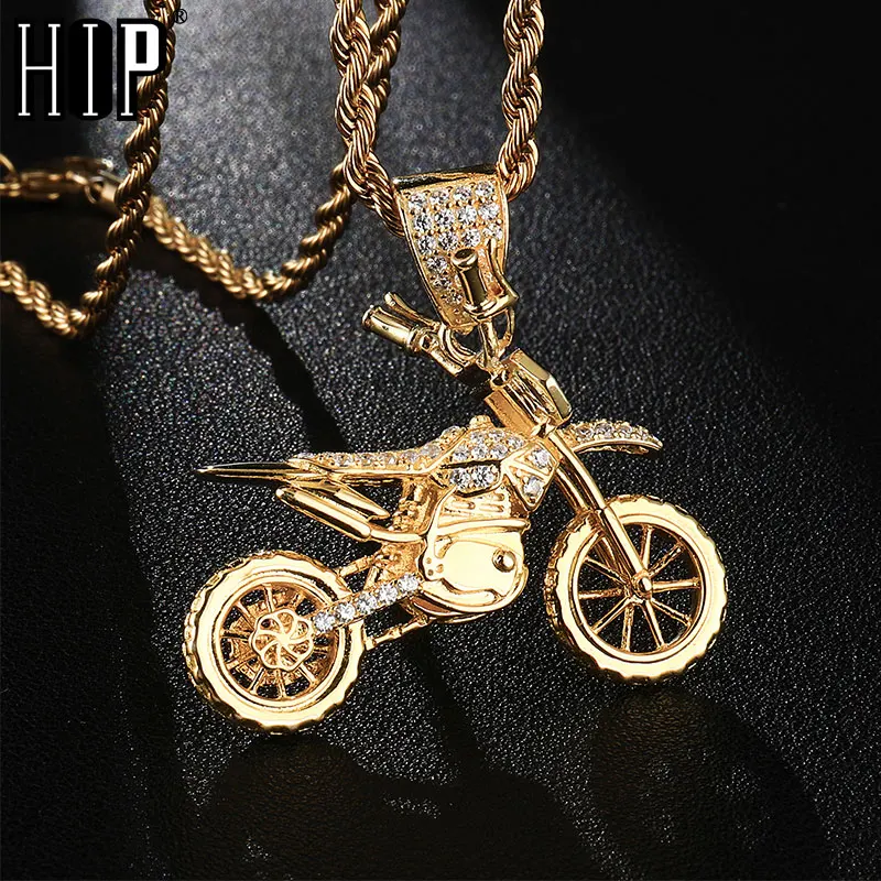 HIP Hop Full AAA Iced Out Bling CZ Cubic Zircon Copper Cool Motorcycle Pendants & Necklaces For Men Jewelry Wholesale