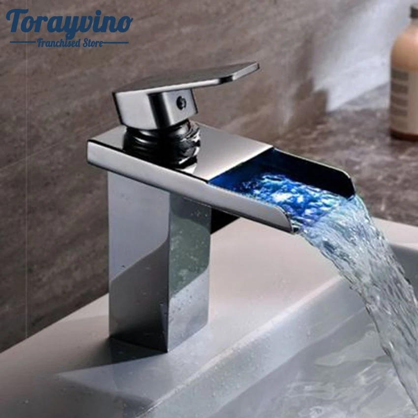 

Torayvino led faucet Tall Basin Water Tap sanitari bagno Bathroom Sink Mixer Waterfall Chrome Vanity Vessel Sinks Taps Faucets