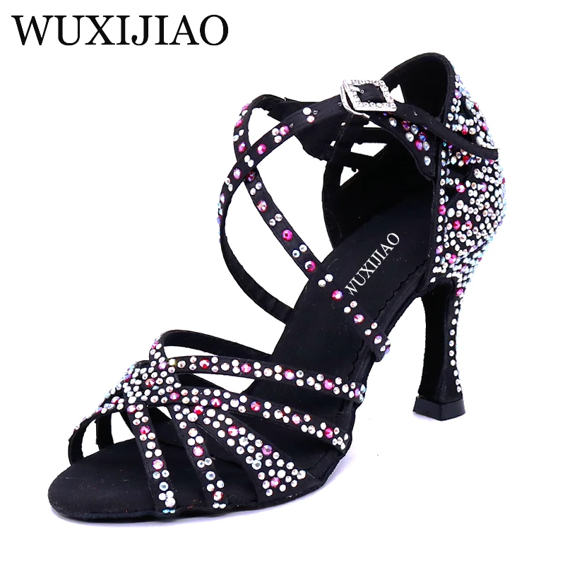 WUXIJIAO Women Salsa party Ballroom shoes Latin dance shoes big small rhinestone shining Bronze Skin Black satin Cuba heel 9cm