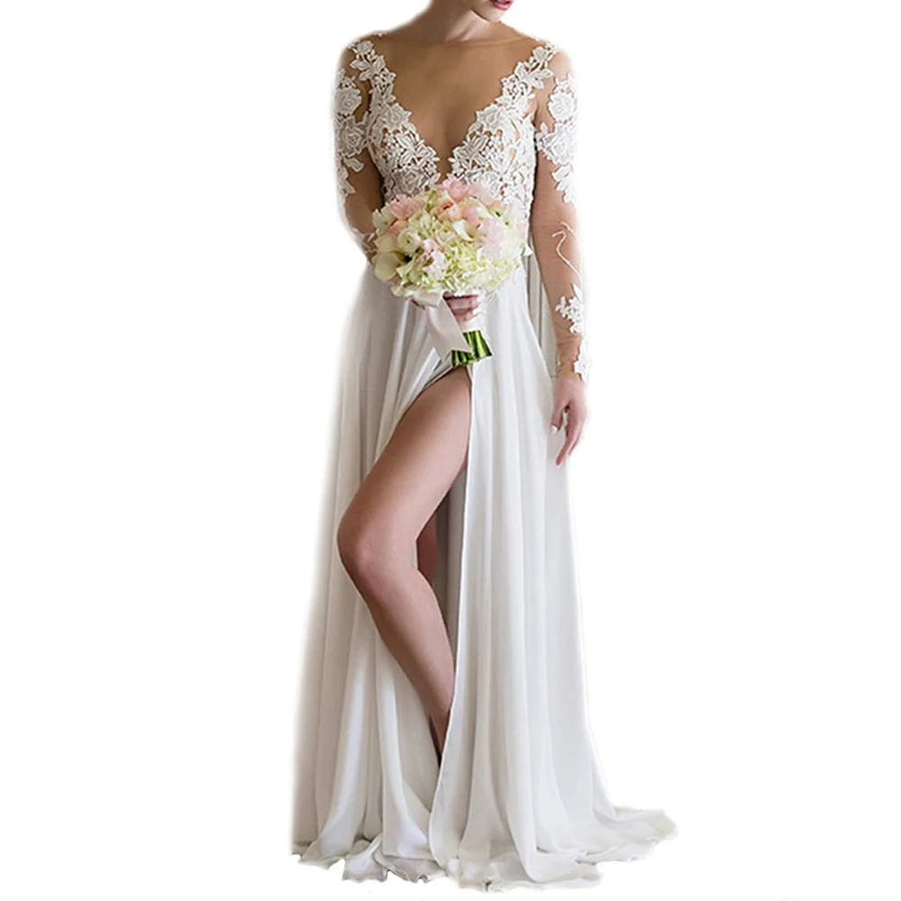 ADLN Dài Tay Áo Wedding Dress với Cao Slit Vestido De Novia Scoop Sexy Ảo Giác Vạt Áo Voan Bãi Biển Bridal Gowns Tùy Chỉnh