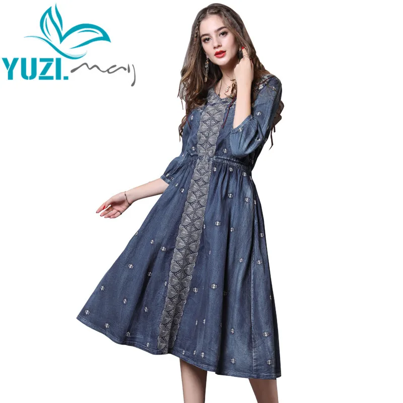 

Dress Women 2018 Yuzi.may Boho New Denim Summer Dress V-Neck A-Line Vintage Embroidery Women Dresses A82110 Vestidos Femininos