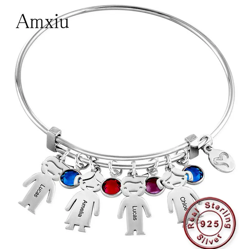 Amxiu Personalized 925 Sterling Silver Bangles Custom Four Names Bangles Engrave Baby Name Bracelet Bangle For Women Men Jewelry