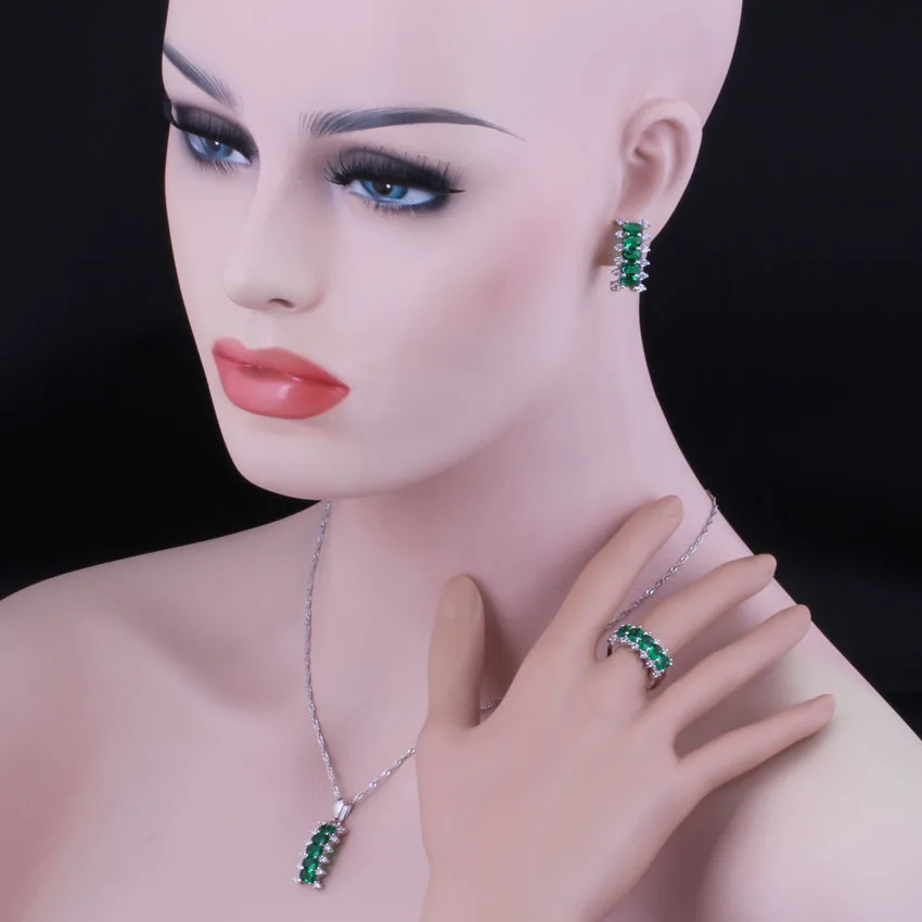 Delicate Green Cubic Zirconia White CZ Silver Plated Jewelry Sets Earrings Pendant Chain Ring V0303