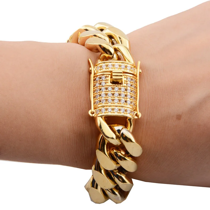8/10/12/16/18mm CZ Zircon Stone Pave Stainless Steel Cuban Miami Chain & Link Bracelets for Male Boys Hip Hop Rock Jewelry