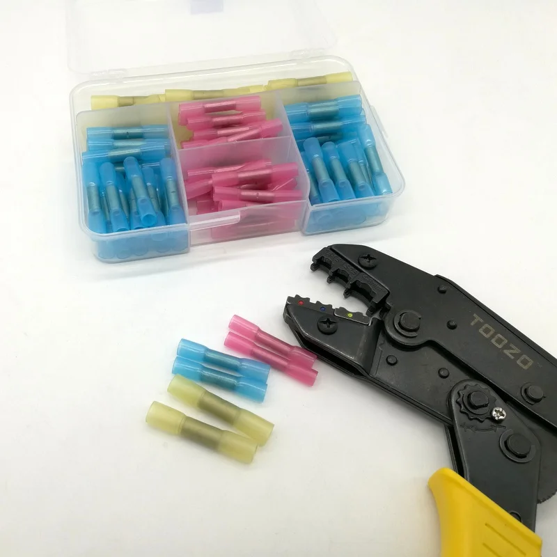 Hot Melt Glue Inside Water-proof Terminal 100pcs Mixed BHT 1.25 2. 5 .PE Heat Shrink Butt Crimp Terminals and  Crimp Plier tool