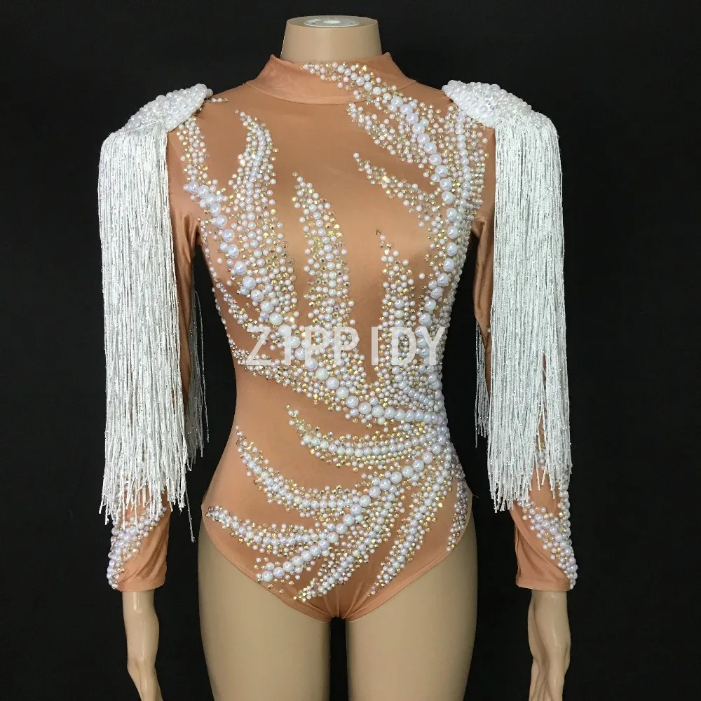 Bling Rhinestones Pearls White Tassel Spandex Bodysuit Female Singer Dancer Costume Nightclub Women\'s Party Show Bodysuit