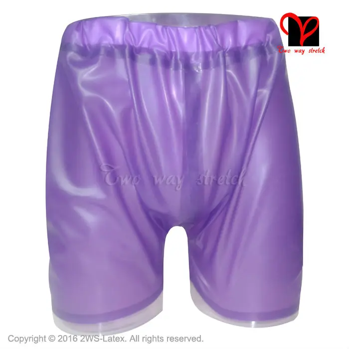 

transparent purple Bermuda with a hole open for penis elastic bands Sexy Panties Latex Boxer short Rubber pants Hotpants KZ-065