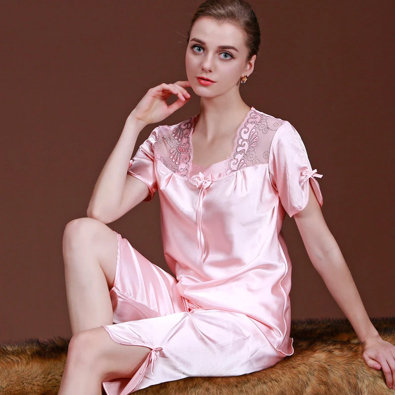 

Womens Silk Pajamas Sets Spring Summer Female Lace Embroidered Satin Pyjamas Sleepwear Loungewear Ladies Sleepwear M-XL