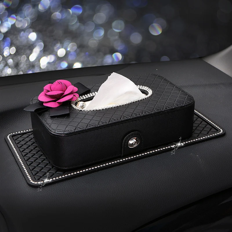 Crystal Car Tisue Box Camellia Flower PU Leather Auto Tissue Bag Seat Back Headrest Hanging Holder Case For Car Accessories