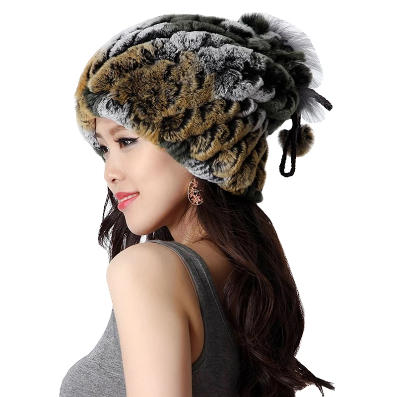 

Autumn Winter Women's Real Knitted Rex Rabbit Fur Hats Female Caps Neckrings Function Women Beanies Headgear