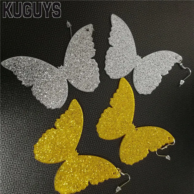 KUGUYS Gold Silver Color Shiny Butterfly Drop Earrings for Women Glitter Acrylic Large Fashion Jewelry Hyperbole Accessories