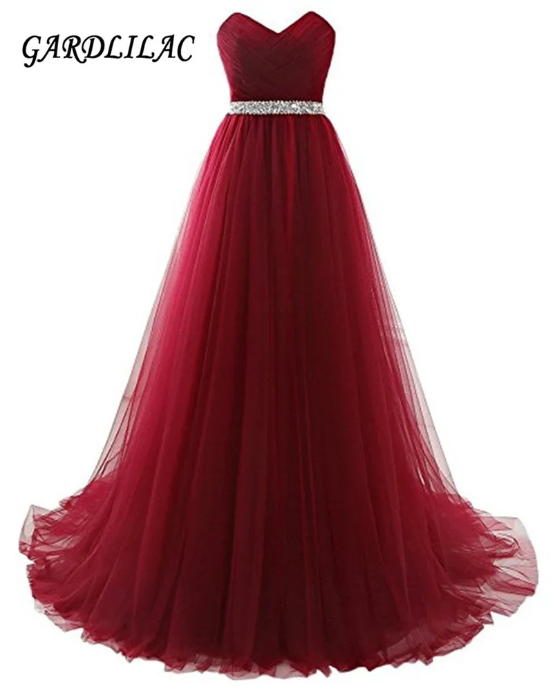 New Sweetheart Burgundy Long Evening Dresses 2021 Tulle Beaded Belt  Long Prom Party Gown Wedding Party GownsVestidos para festa