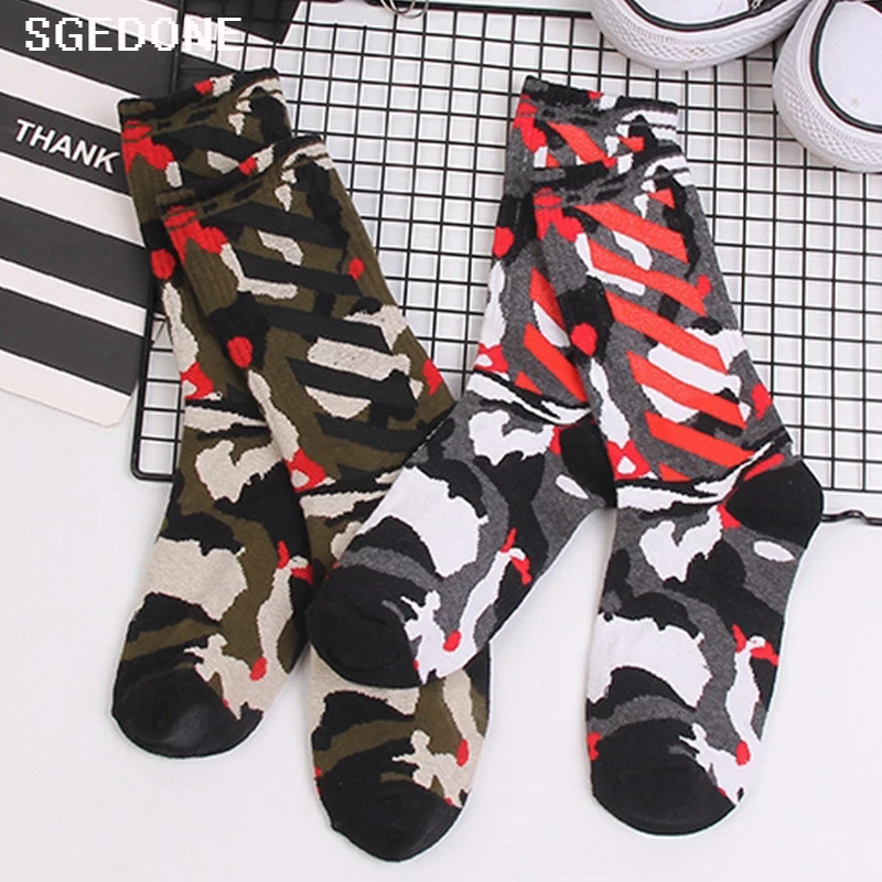 1Pair Autumn Winter Mens Socks with Print Colorful Camouflage Male Tide Side Stripe Socks For Men Hip Hop Short Funny CP Socks