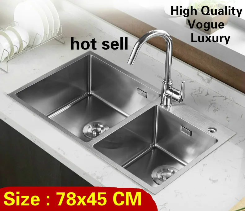 

Free shipping Home luxury kitchen manual sink double groove high capacity wash vegetables durable 304 stainless steel 78x45 CM