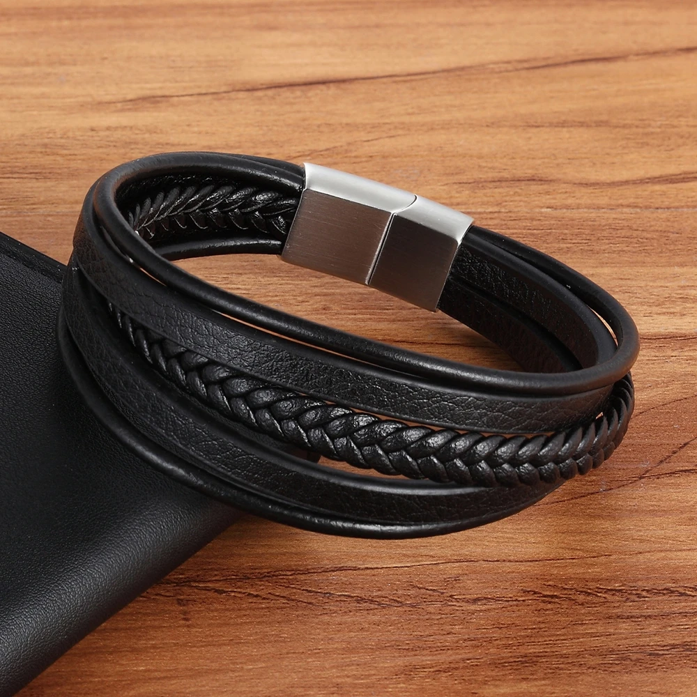 XQNI 19/21/23CM Leather Bracelet Black & Brown Color with Stainless Steel Buckle Easy Hook Bangle For Cool Boys Jewelry Gift