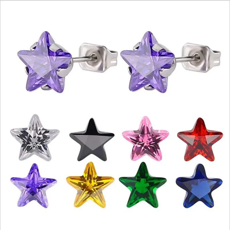 pe106 316L Stainless Steel Stud Earrings Size 8mm Classic Star Shape Colorful AAA Zircon Vacuum Plating No Fade Allergy Free