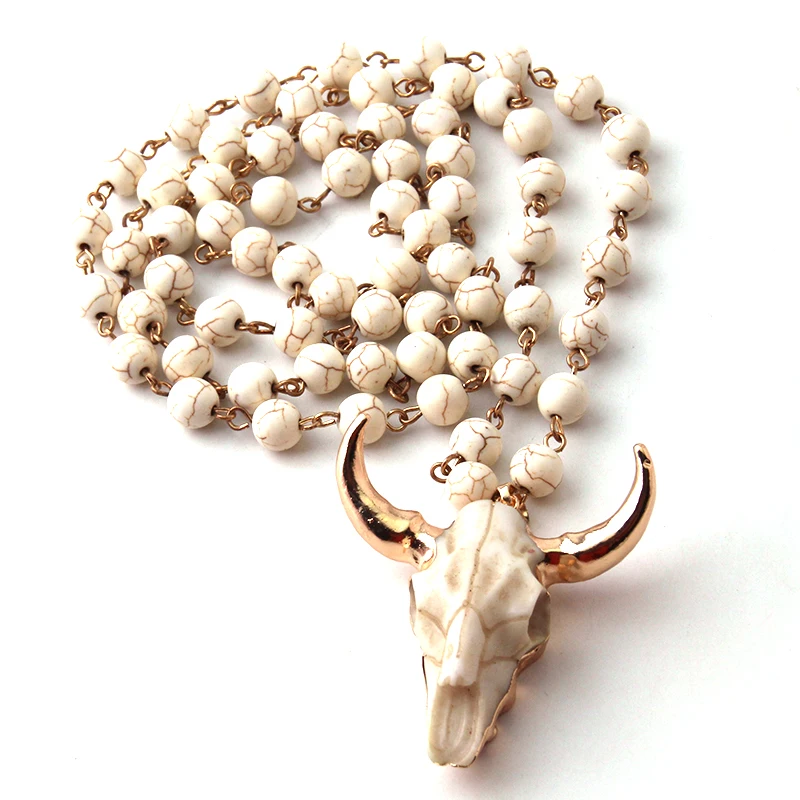 Fashion Knotted Flat White Stone Horn Pendant Ethnic Necklace Bohemian Tribal Jewelry