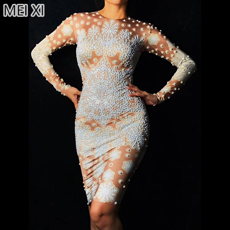 Slim-looking snowflake print pearl dress birthday celebration party party evening dress concert ball singer costume