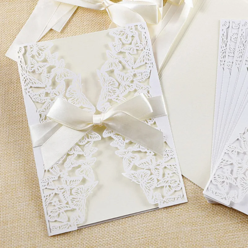 

White invitation birthday party butterfly lace laser cutting card sweet 16 invites personalized printing