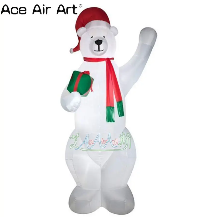 High Quality New Year Party Christmas Cartoon Ornament Lighted Inflatable Christmas Bear with Gifts