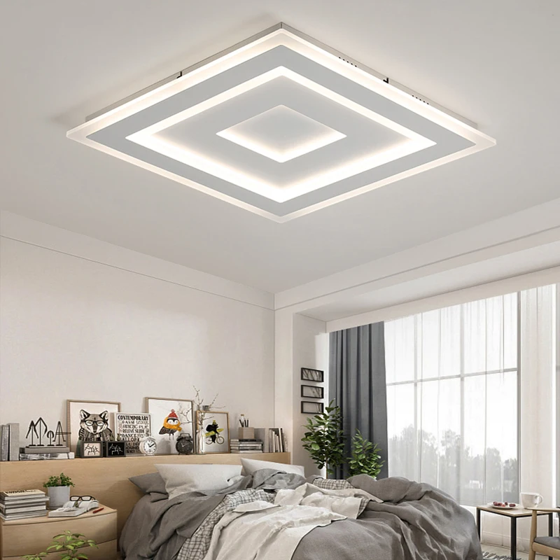 Modern ceiling lamp,Dimmable led chandeliers,Ceiling lights for living room bedroom Kitchen,Matte White Square lustre W/Remote