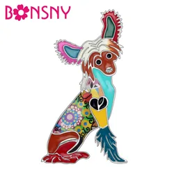 Bonsny Enamel Alloy Sitting Chinese Crested Dog Brooches Cartoon Cute Animal Pets Jewelry Gift Scarf Clothes Pin For Women Girls