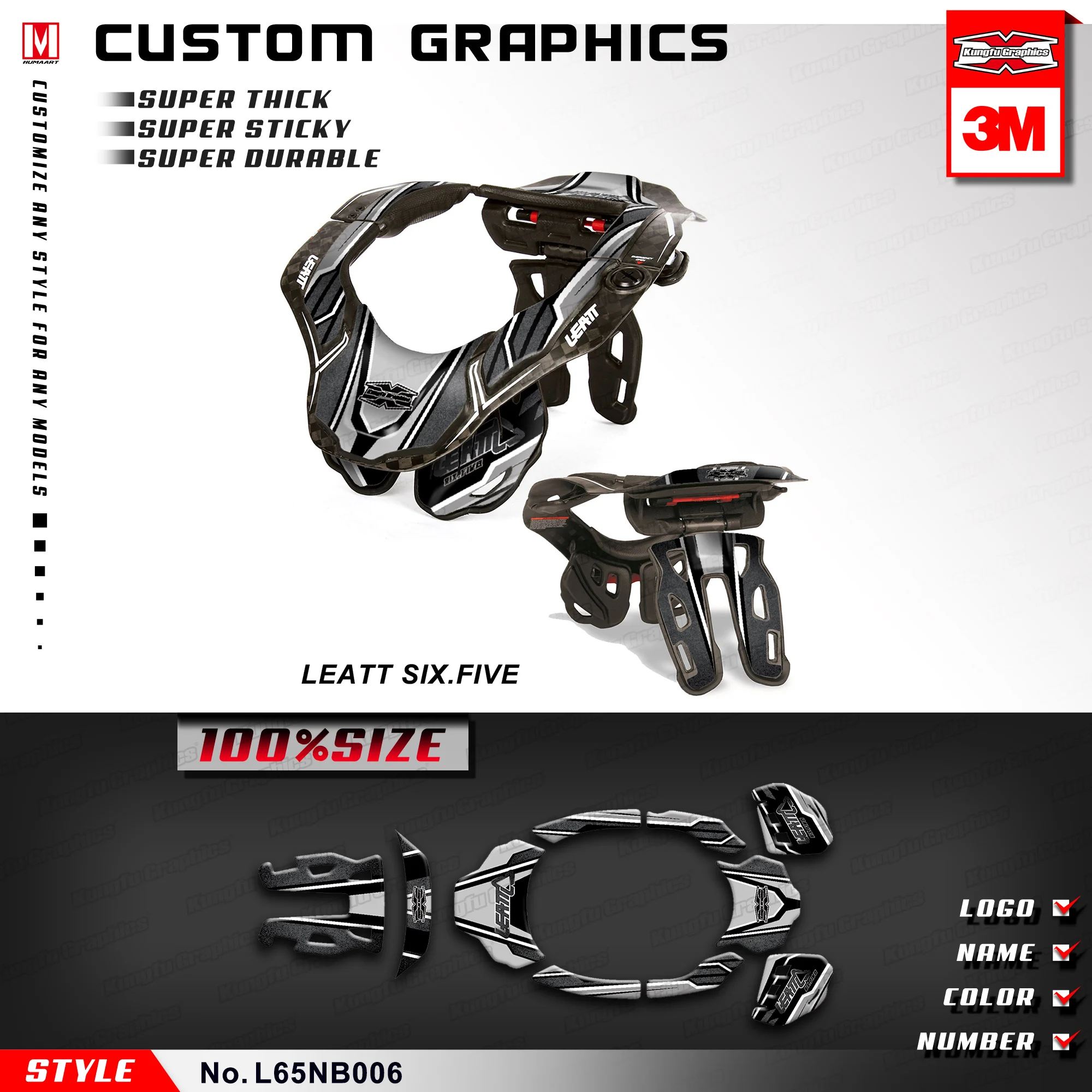 

KUNGFU GRAPHICS Enduro Decals Motocross Racing Stickers for Neck Brace Leatt DBXGPX 6.5 Grey Black S/M L/XL (Style no. L65NB006)