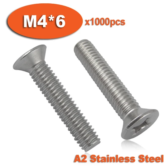 

1000pcs DIN965 M4 x 6 A2 Stainless Steel Screw Cross Recessed Countersunk Flat Head Screws