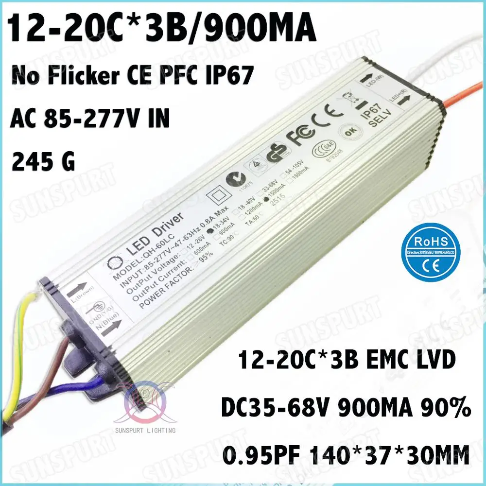 

2 Pcs No Flicker CE IP67 PF>0.9 60W AC85-277V LED Driver 12-20Cx3B 900mA DC35-68V Constant Current For Spotlights Free Shipping