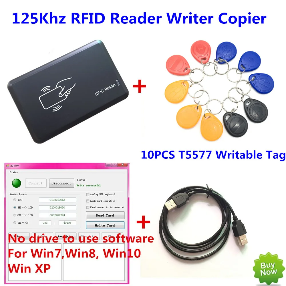 125khz RFID Reader Writer Copier Duplicater Programmer + 10 PCS EM4305/T5557 Writable Tags+ DEMO No driver Software