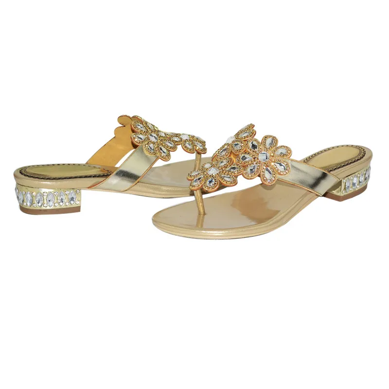 Summer Women's Thick Low  Heel Flip-flop Slippers New Hollow Flower Rhinestones Slippers  Diamonds Thick Heel Slippers