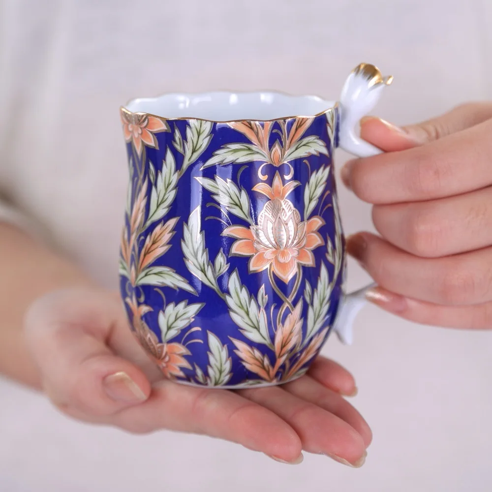 Retro ceramics Coffee English Black tea water Mark cup Bone China Goldcobalt blue Gift collector