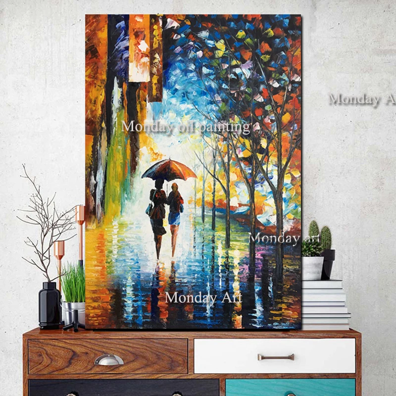 Large Handpainted Landscape Oil Painting Lover Rain Street Tree Lamp On Canvas Wall Art Wall Pictures For Living Room Home Decor