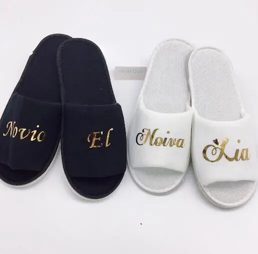 personalize language gold novio novia spanish  Wedding Slippers Bride Slippers Groom Slippers custom Print shoes Black slippers