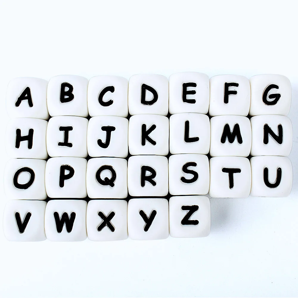 10 stücke 12 MM Silikon Buchstaben Perlen Baby Zahnen Beißringe Englisch Alphabet Buchstaben Perlen BPA Frei DIY Clips Kette halter Baby Geschenk