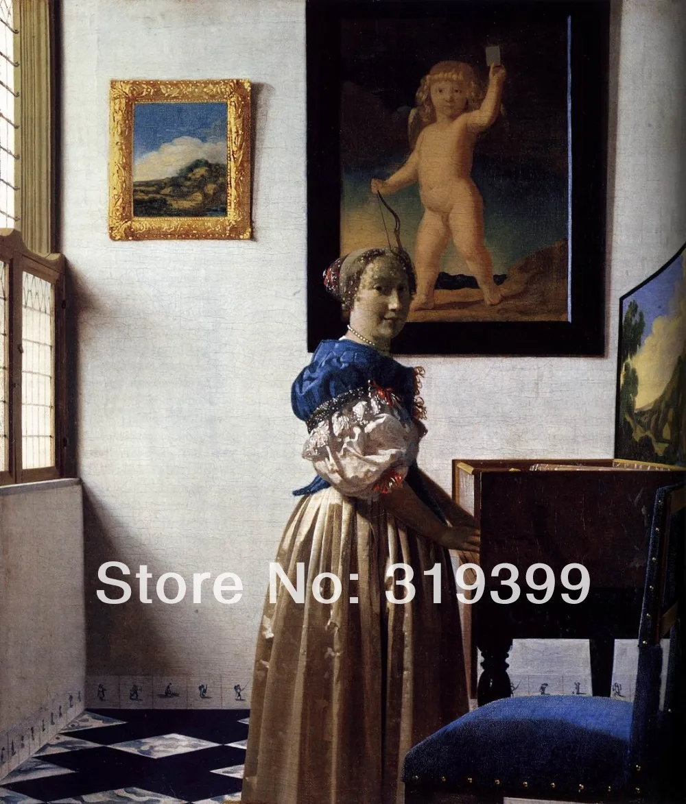 

Johannes Vermeers 100% handmade Linen Canvas Oil Painting Reproduction,a-lady-standing-at-a-virginal ,Free FAST Shipping