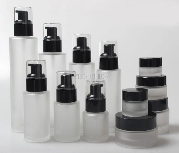 20/30/40/60/80/100/120ml Spray Pump Glass Bottle 5g,10g,20g,,30g,50g Cream Glass Jar Black cap Empty Cosmetic Packing Container