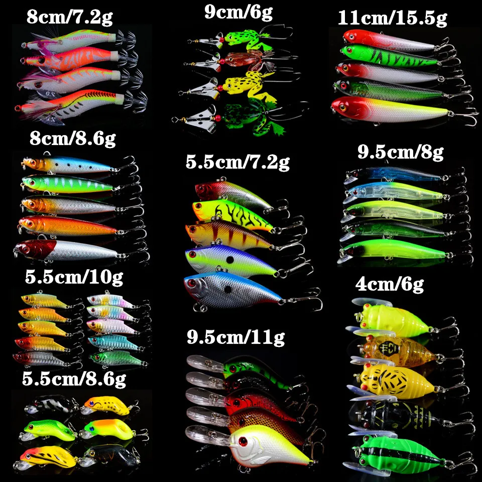 New Arrival 54pcs/set 10 Models Mixed Fishing Lures High Quality Minnow/Crank/Pencil/VIB Frog and Ciaada bait Fishing Tackle