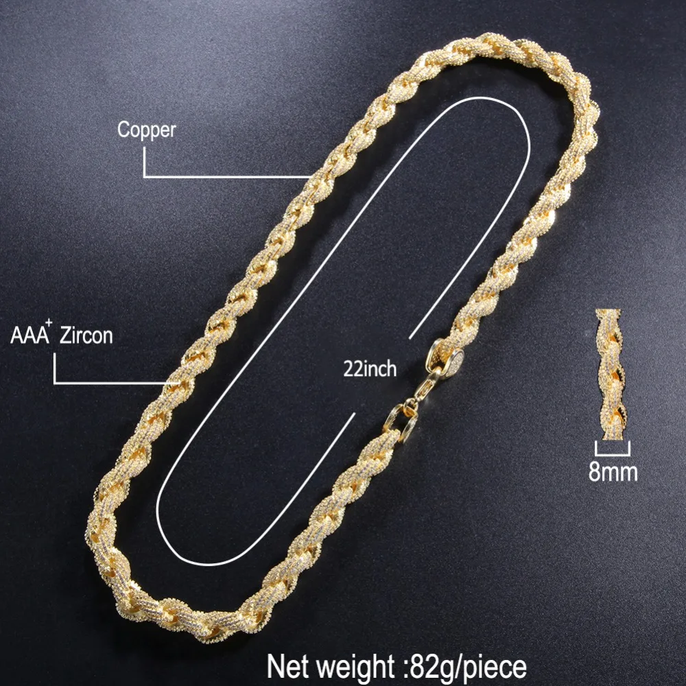 Uwin Bling Bling 8mm Rope Chain Luxury Micro Pave Iced Out Cubic Zirconia  Necklace For Men Gold Color Fashion Hiphop Jewelry