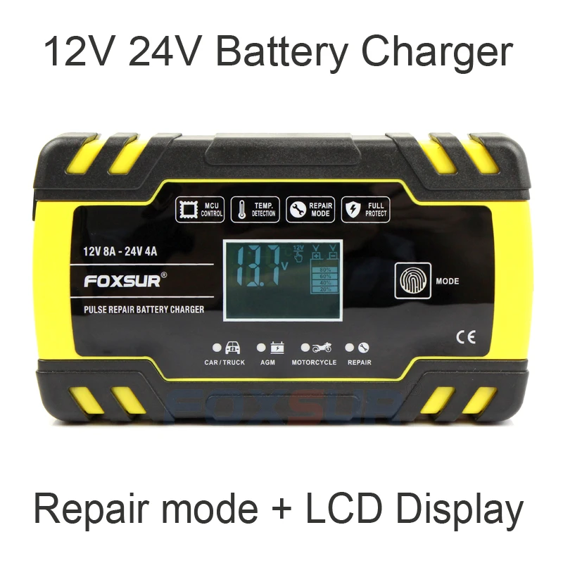 

FOXSUR 12V 8A 24V 4A Pulse Repair Battery Charger, Motorcycle Truck & Car Battery Charger, AGM GEL WET Lead Acid Battery Charger