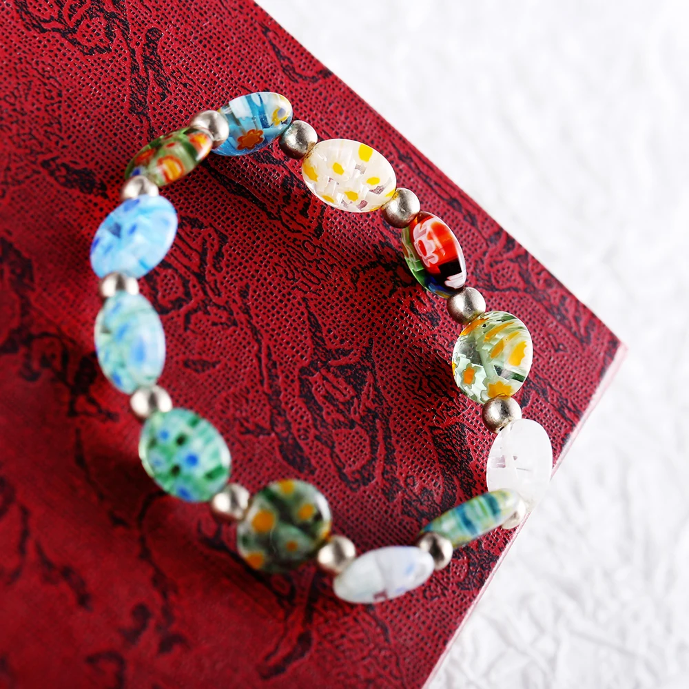 10mm Round Beads Glass Millefiori Flower Lampwork Beads Elastic Bracelet Women Trendy Beaded Strand Bracelets Gift for Women