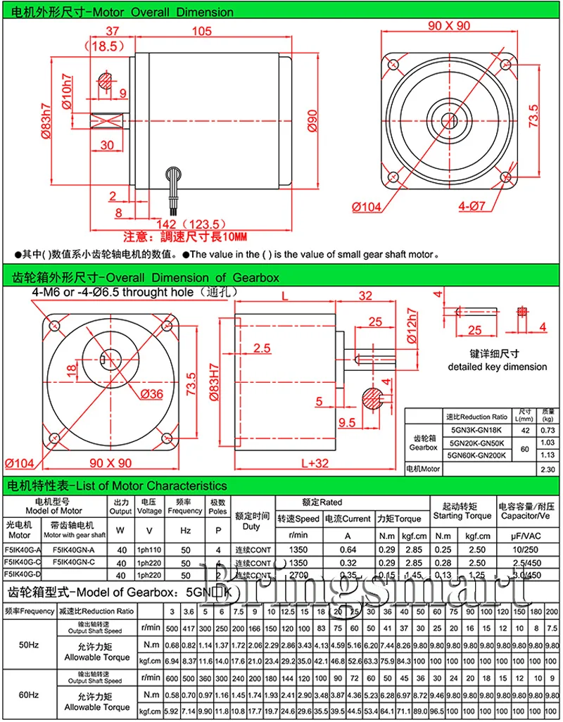 5IK40GN-C AC 220V 40W Single Phase Motor AC Geared Constant Speed Motor Fixed Speed Low Speed Motor Reversible with Capacitance