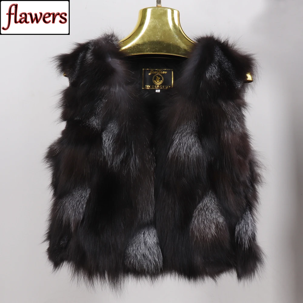 Winter Women Real Sliver Fox Fur Vest Short Style Warm 100% Natural Real Sliver Fox Fur Gilet Sliver Fox Fur Sleeveless Jacket